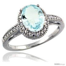 Size 7 - Sterling Silver Diamond Vintage Style Oval Aquamarine Stone Ring  - £114.23 GBP