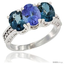 Size 9 - 10K White Gold Natural Tanzanite &amp; London Blue Topaz Sides Ring  - £478.32 GBP