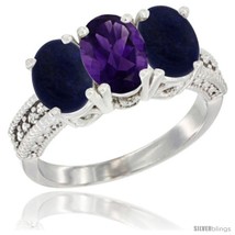 Size 9.5 - 14K White Gold Natural Amethyst Ring with Lapis 3-Stone 7x5 mm Oval  - £548.59 GBP