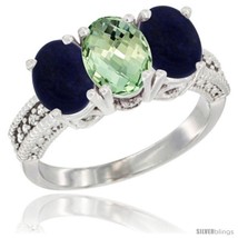 Size 7 - 14K White Gold Natural Green Amethyst Ring with Lapis 3-Stone 7x5 mm  - £559.53 GBP