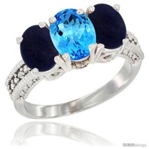 Size 5.5 - 14K White Gold Natural Swiss Blue Topaz Ring with Lapis 3-Stone 7x5  - £559.53 GBP