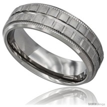 Size 8.5 - Surgical Steel Mens Flat Wedding Band Ring Square Blocks pattern 7mm  - £25.70 GBP