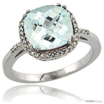 Size 10 - Sterling Silver Diamond Natural Aquamarine Ring 3.05 ct Cushion Cut  - £380.61 GBP