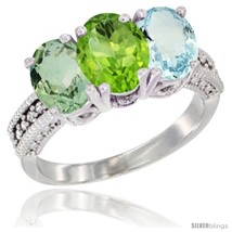 Size 8.5 - 14K White Gold Natural Green Amethyst, Peridot &amp; Aquamarine Ring  - £603.33 GBP