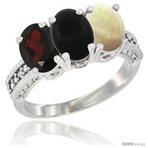 Size 7.5 - 14K White Gold Natural Garnet, Black Onyx &amp; Opal Ring 3-Stone 7x5 mm  - £580.73 GBP