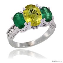 K white gold ladies natural lemon quartz oval 3 stone ring emerald sides diamond accent thumb200