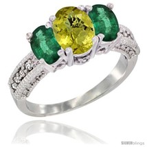K white gold ladies oval natural lemon quartz 3 stone ring emerald sides diamond accent thumb200