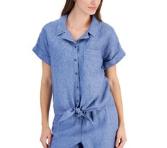 Charter Club Womens Small Blue Core Linen Front Tie Short Sleeve Top NWT U78 - $29.39