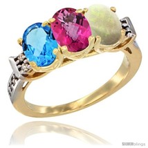 Size 8.5 - 10K Yellow Gold Natural Swiss Blue Topaz, Pink Topaz &amp; Opal Ring  - £450.62 GBP