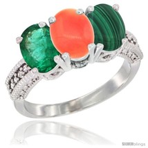 Size 9 - 10K White Gold Natural Emerald, Coral &amp; Malachite Ring 3-Stone Oval  - £460.83 GBP