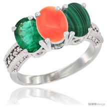 Size 9.5 - 10K White Gold Natural Emerald, Coral &amp; Malachite Ring 3-Stone Oval  - £460.83 GBP