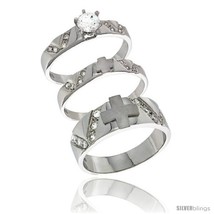 Size 7 - Sterling Silver Cubic Zirconia Trio Engagement Wedding Ring Set for  - £87.05 GBP