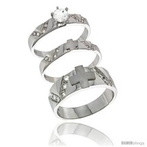 Size 6 - Sterling Silver Cubic Zirconia Trio Engagement Wedding Ring Set for  - £87.34 GBP