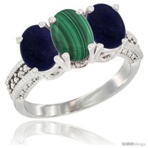 Size 7 - 14K White Gold Natural Malachite Ring with Lapis 3-Stone 7x5 mm Oval  - £550.91 GBP