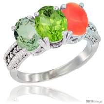 Size 7 - 14K White Gold Natural Green Amethyst, Peridot &amp; Coral Ring 3-Stone  - £573.73 GBP