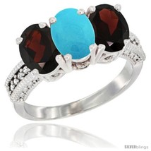 Size 8 - 14K White Gold Natural Turquoise &amp; Garnet Sides Ring 3-Stone 7x5 mm  - £558.35 GBP