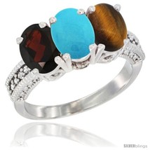 Size 6 - 14K White Gold Natural Garnet, Turquoise &amp; Tiger Eye Ring 3-Stone 7x5  - £586.74 GBP