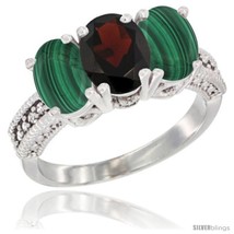 Size 7 - 14K White Gold Natural Garnet Ring with Malachite 3-Stone 7x5 mm Oval  - £560.88 GBP