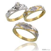 Size 10 - Gold Plated Sterling Silver Diamond Trio Wedding Ring Set His 6mm &amp;  - £168.71 GBP