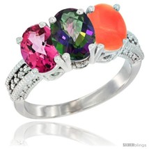 Size 5 - 10K White Gold Natural Pink Topaz, Mystic Topaz &amp; Coral Ring 3-Stone  - £435.26 GBP