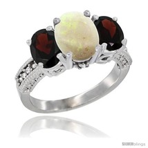 Size 9.5 - 14K White Gold Ladies 3-Stone Oval Natural Opal Ring with Garnet  - £651.07 GBP