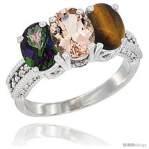 Size 6.5 - 14K White Gold Natural Mystic Topaz, Morganite &amp; Tiger Eye Ring  - £586.30 GBP