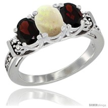 Size 5 - 14K White Gold Natural Opal &amp; Garnet Ring 3-Stone Oval with Diamond  - £569.19 GBP