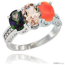 Size 9.5 - 14K White Gold Natural Mystic Topaz, Morganite &amp; Coral Ring 3-Stone  - £585.71 GBP