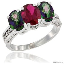 Size 7 - 14K White Gold Natural Ruby &amp; Mystic Topaz Ring 3-Stone 7x5 mm Oval  - £585.71 GBP