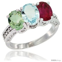 Size 6.5 - 14K White Gold Natural Green Amethyst, Aquamarine &amp; Ruby Ring  - £609.03 GBP