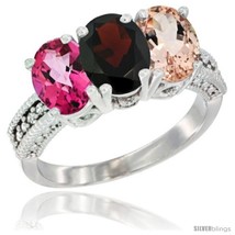 Size 7.5 - 10K White Gold Natural Pink Topaz, Garnet &amp; Morganite Ring 3-Stone  - £432.34 GBP