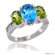 Size 10 - 10K White Gold Ladies Natural Swiss Blue Topaz Oval 3 Stone Ring with  - £504.40 GBP
