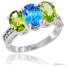 Size 9 - 10K White Gold Natural Swiss Blue Topaz &amp; Peridot Sides Ring 3-Stone  - £445.04 GBP