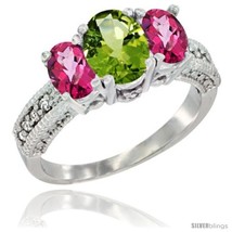 Size 6 - 10K White Gold Ladies Oval Natural Peridot 3-Stone Ring with Pink  - £427.65 GBP
