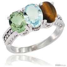 Old natural green amethyst aquamarine tiger eye ring 3 stone 7x5 mm oval diamond accent thumb200