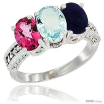 Size 8 - 10K White Gold Natural Pink Topaz, Aquamarine &amp; Lapis Ring 3-Stone  - £462.98 GBP