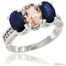 Size 9.5 - 10K White Gold Natural Morganite &amp; Blue Sapphire Ring 3-Stone Oval  - £543.84 GBP