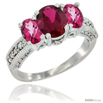 Size 9 - 10K White Gold Ladies Oval Natural Ruby 3-Stone Ring with Pink Topaz  - $546.73
