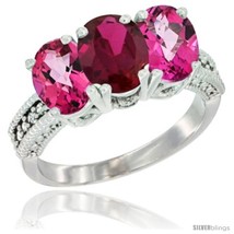 Size 6 - 10K White Gold Natural Ruby &amp; Pink Topaz Sides Ring 3-Stone Oval 7x5  - £439.83 GBP