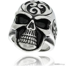 Size 10 - Surgical Steel Biker Skull Ring with Wave  - £20.38 GBP