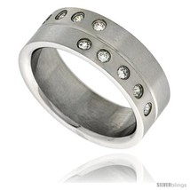 Size 9 - Surgical Steel 10 Stone CZ Ring Grooved Center 8mm Wedding  - $21.94