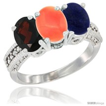 Size 5 - 14K White Gold Natural Garnet, Coral &amp; Lapis Ring 3-Stone 7x5 mm Oval  - £563.88 GBP