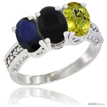 Size 6.5 - 10K White Gold Natural Blue Sapphire, Black Onyx &amp; Lemon Quartz Ring  - £472.81 GBP