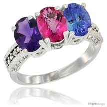 Size 7.5 - 14K White Gold Natural Amethyst, Pink Topaz &amp; Tanzanite Ring 3-Stone  - $765.87