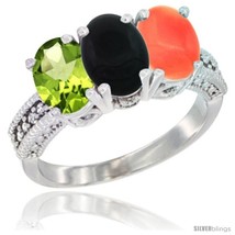 Size 5 - 10K White Gold Natural Peridot, Black Onyx &amp; Coral Ring 3-Stone Oval  - £429.35 GBP