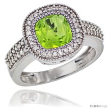 Size 8.5 - 10K White Gold Natural Peridot Ring Cushion-cut 7x7 Stone Diamond  - £699.43 GBP