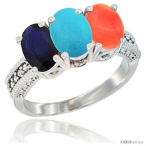 Size 8 - 10K White Gold Natural Blue Sapphire, Turquoise &amp; Coral Ring 3-Stone  - £498.77 GBP