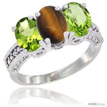 Size 7.5 - 10K White Gold Natural Tiger Eye &amp; Peridot Sides Ring 3-Stone Oval  - £441.87 GBP