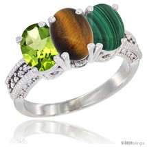 Size 7.5 - 10K White Gold Natural Peridot, Tiger Eye &amp; Malachite Ring 3-Stone  - £415.97 GBP