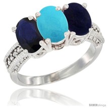 Size 8 - 10K White Gold Natural Blue Sapphire, Turquoise &amp; Lapis Ring 3-Stone  - £487.70 GBP